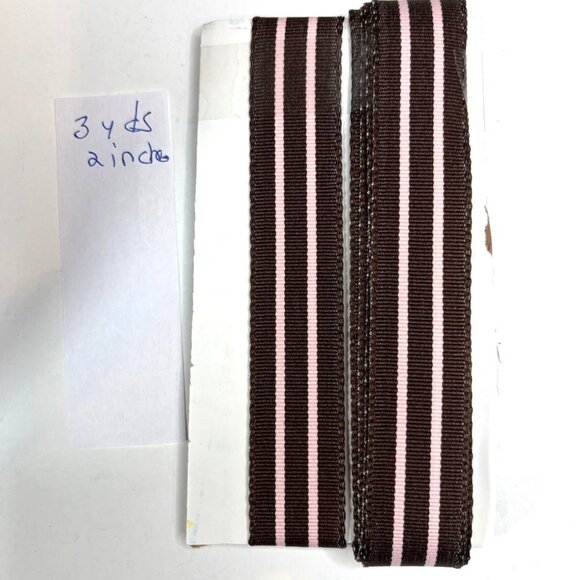 Brown & Pink Striped Ribbon 3 Yards 2 Inches Wide Polyester Sewing/Craft Materia - Picture 1 of 2